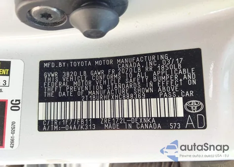 2017 Toyota Corolla Le z USA, uszkodzony, nr VIN 2T1BURHEXHC888369